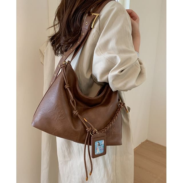 Faux Leather Plain Shoulder Bag With Tag