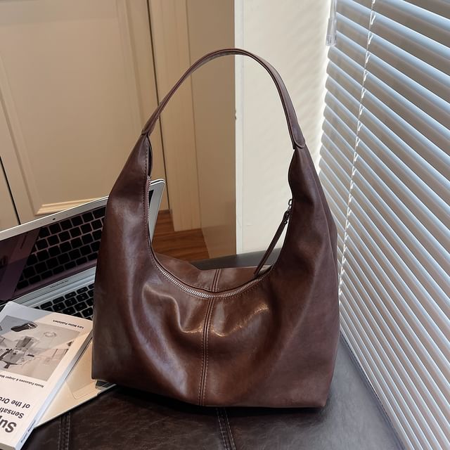 Faux Leather Plain Zip Shoulder Bag