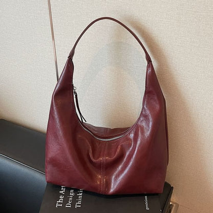 Faux Leather Plain Zip Shoulder Bag