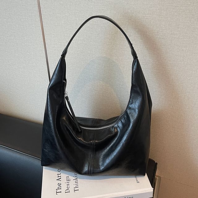 Faux Leather Plain Zip Shoulder Bag