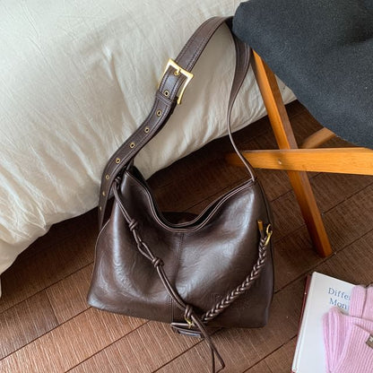 Faux Leather Plain Shoulder Bag With Tag