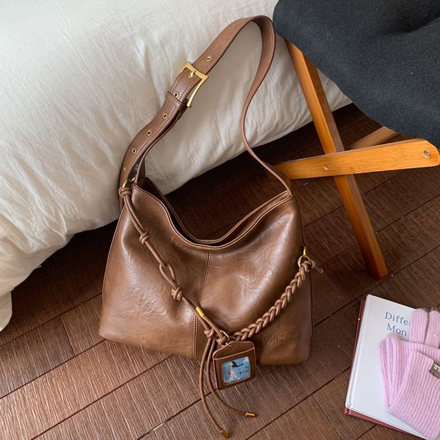 Faux Leather Plain Shoulder Bag With Tag