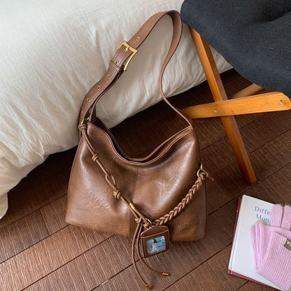 Faux Leather Plain Shoulder Bag With Tag