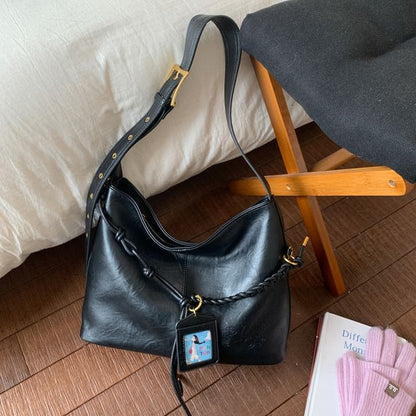 Faux Leather Plain Shoulder Bag With Tag