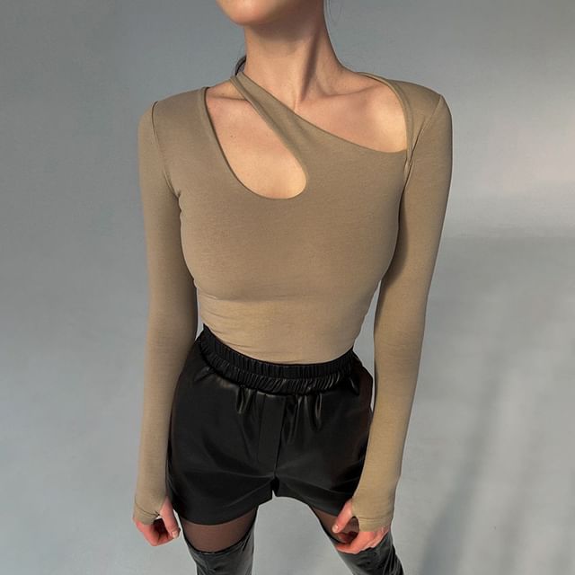 Asymmetric Neckline Long-Sleeve Solid Bodysuit Top