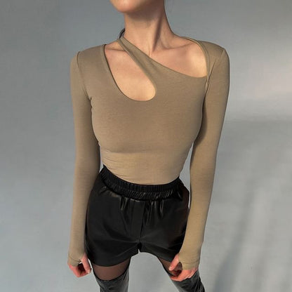 Asymmetric Neckline Long-Sleeve Solid Bodysuit Top