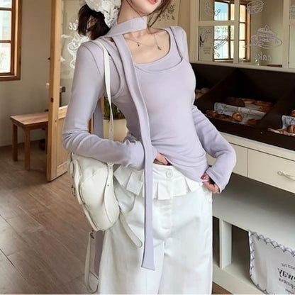 Scoop Neck Tee and Skinny Scarf Mock Layer Set