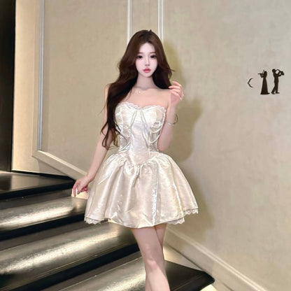 Plain Faux Pearl Lace Trim Satin Mini A-Line Tube Cocktail Dress
