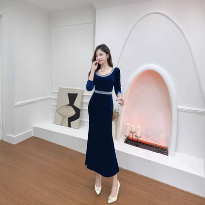 Long Sleeve Scoop Neck Plain Faux Pearl Beaded Velvet Maxi Trumpet Cocktail Dress