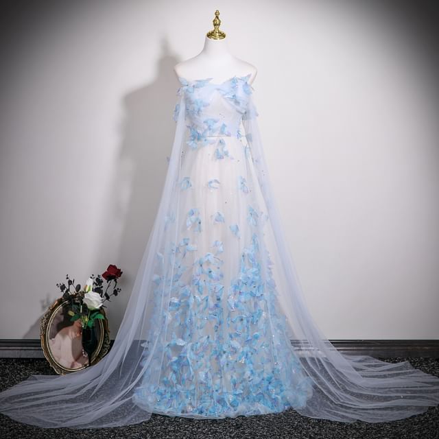 Butterfly Applique Mesh A-Line Tube Evening Gown