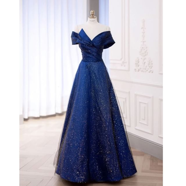 Off Mesh Glitter Shoulder Short Plain A-Line Gown Ruched Sleeve Evening