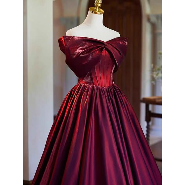 A-Line Off Gathered Plain Evening Gown Shoulder