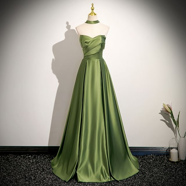 Plain Ruched Satin A-Line Tube Evening Gown