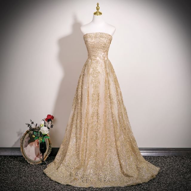 Beaded Mesh A-Line Tube Evening Gown