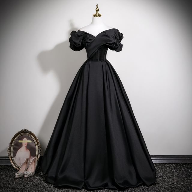 A-Line Plain Sleeve Gown Shoulder Satin Short Off Evening