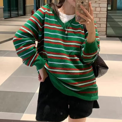Striped V Neck Long Sleeve Knit Sweater