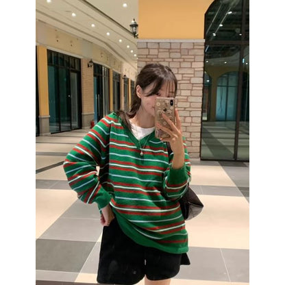 Striped V Neck Long Sleeve Knit Sweater