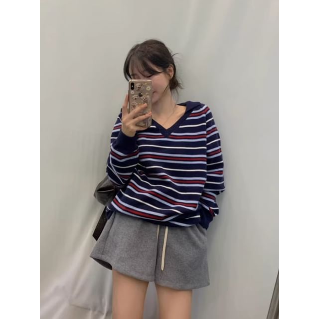 Striped V Neck Long Sleeve Knit Sweater