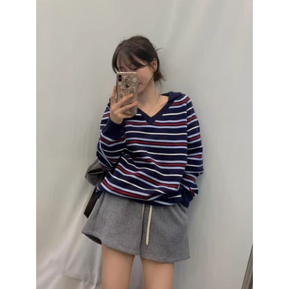 Striped V Neck Long Sleeve Knit Sweater