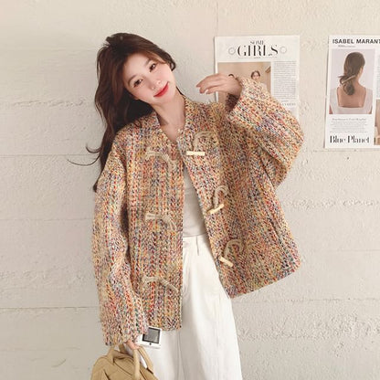 Band Collar Tweed Toggle Jacket