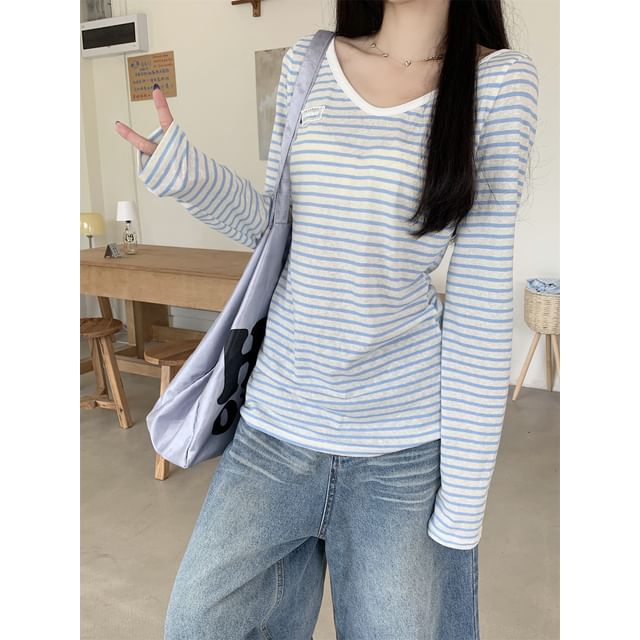 Striped V Neck Long Sleeve Casual T-Shirt