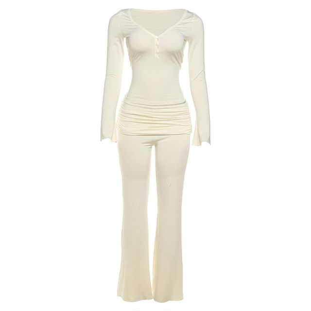 Ruched V Neck Top and Slim Pants Mid Rise Set