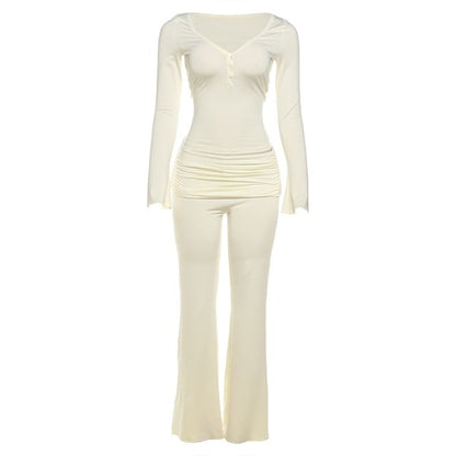 Ruched V Neck Top and Slim Pants Mid Rise Set