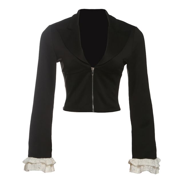 Ruffle Trim V Neck Zip Up Long Sleeve Solid Top
