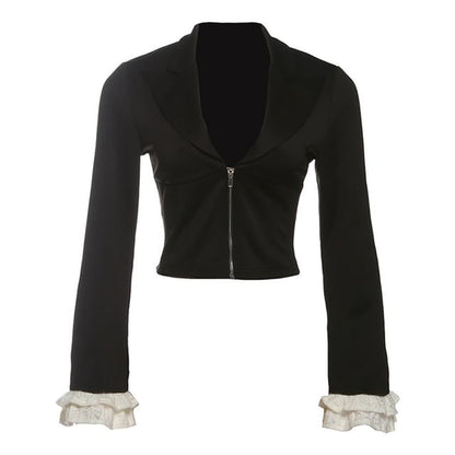Ruffle Trim V Neck Zip Up Long Sleeve Solid Top