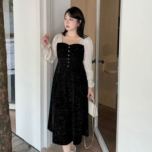 Plus Size Puff-Sleeve Square-Neck Bow Glitter Midi A-Line Dress