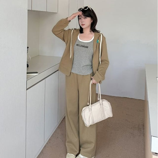 Plus Size Set: Plain Zip Hoodie + High Waist Wide Leg Pants