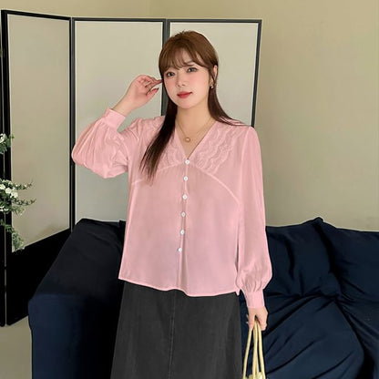 Plus Size Puff-Sleeve V-Neck Lace Trim Blouse