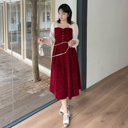 Plus Size Puff-Sleeve Square-Neck Bow Glitter Midi A-Line Dress