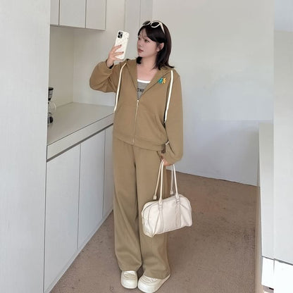 Plus Size Set: Plain Zip Hoodie + High Waist Wide Leg Pants