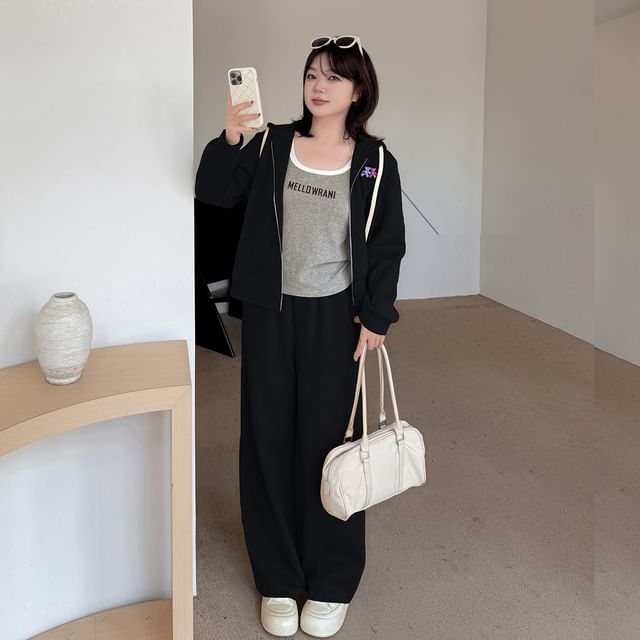 Zip Hoodie and Wide Leg High Waist Pants Set