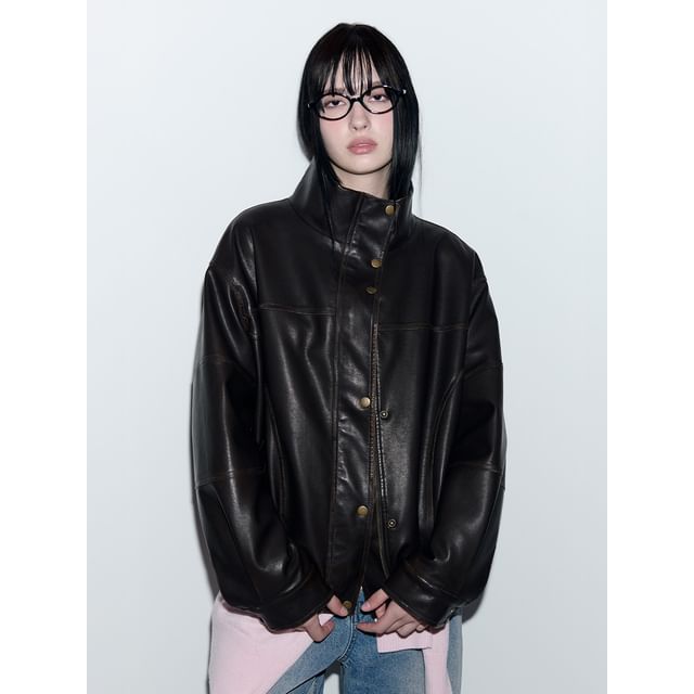 Fur-Collar Pleather Jacket (Brown)