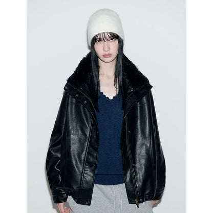 Fur-Collar Pleather Jacket (Black)