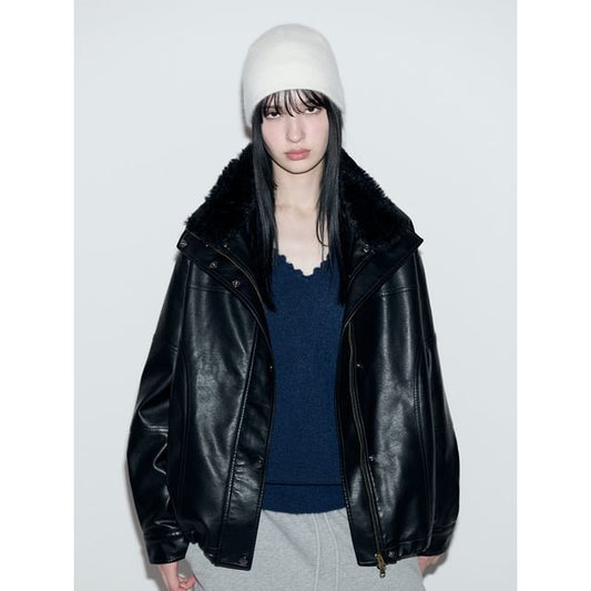 Fur-Collar Pleather Jacket (Black)