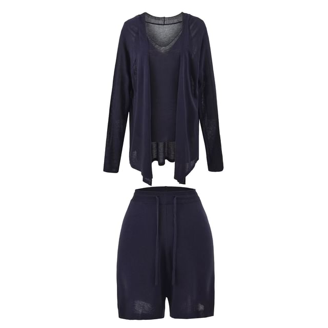 Plain V-Neck Tank Top, Cardigan, and Drawstring Shorts Set