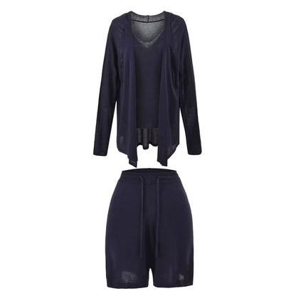 Plain V-Neck Tank Top, Cardigan, and Drawstring Shorts Set