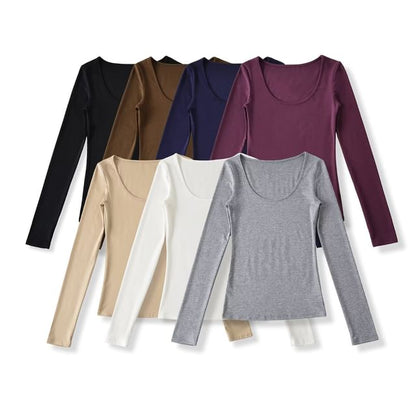 Slim-Fit U-Neck Long Sleeve Solid Color Tee