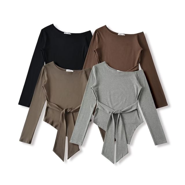 Asymmetrical Plain Tee with Off-Shoulder and Long Sleeves