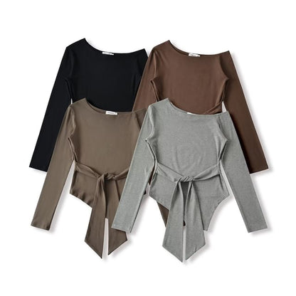 Asymmetrical Plain Tee with Off-Shoulder and Long Sleeves