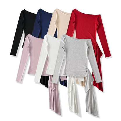 Off-Shoulder Plain Crop Top with Long Sleeves