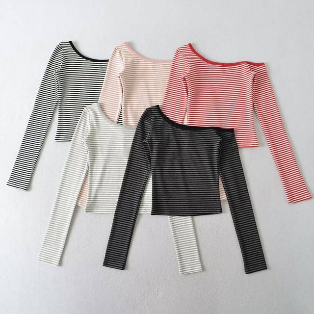 Off-Shoulder Long-Sleeve Striped Cotton Tee