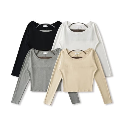 Matching Set: Plain Cropped Long-Sleeve Tee & Halter Top