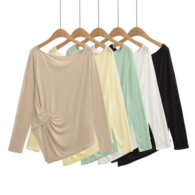 Asymmetrical Plain Top with Boatneck and Long Sleeves
