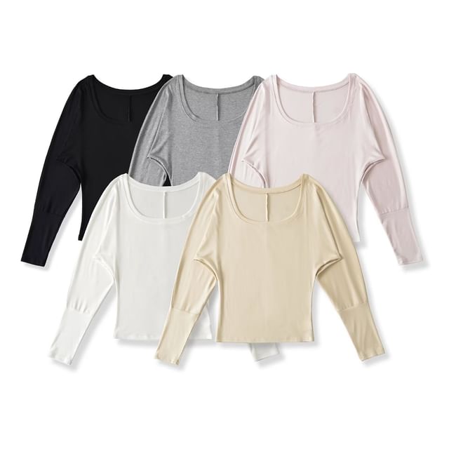 Plain Crop Top with U-Neck and Long Sleeves