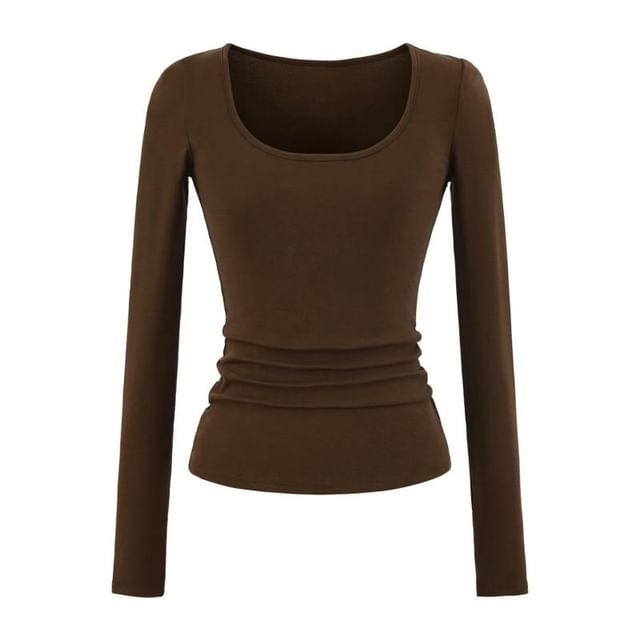 Slim-Fit U-Neck Long Sleeve Solid Color Tee