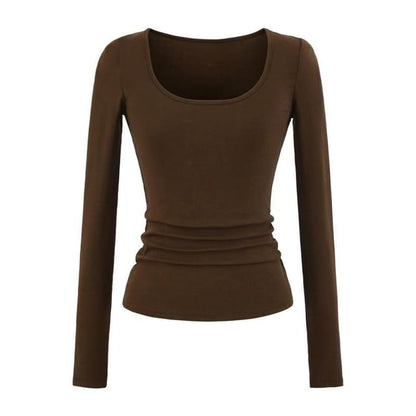 Slim-Fit U-Neck Long Sleeve Solid Color Tee